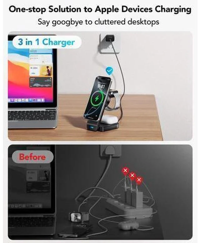 Alt view image 3 of 7 - 3 in 1 Wireless Charging Station Compatible with Apple,Foldable Magnetic Wireless Charger for iPhone 16/15/14/13/12,Apple Watch Series 10/Ultra 2/Ultra/9/8/7/6/5/4/SE/SE 2,Air-Pods 4/3/Pro/2(Black)