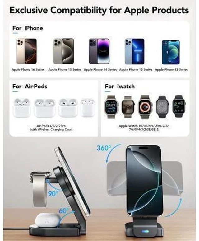 Alt view image 2 of 7 - 3 in 1 Wireless Charging Station Compatible with Apple,Foldable Magnetic Wireless Charger for iPhone 16/15/14/13/12,Apple Watch Series 10/Ultra 2/Ultra/9/8/7/6/5/4/SE/SE 2,Air-Pods 4/3/Pro/2(Black)