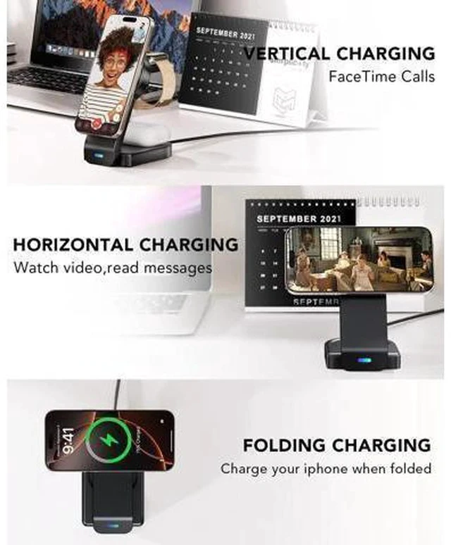 Alt view image 6 of 7 - 3 in 1 Wireless Charging Station Compatible with Apple,Foldable Magnetic Wireless Charger for iPhone 16/15/14/13/12,Apple Watch Series 10/Ultra 2/Ultra/9/8/7/6/5/4/SE/SE 2,Air-Pods 4/3/Pro/2(Black)
