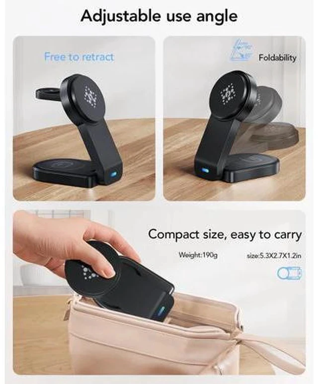 Alt view image 5 of 7 - 3 in 1 Wireless Charging Station Compatible with Apple,Foldable Magnetic Wireless Charger for iPhone 16/15/14/13/12,Apple Watch Series 10/Ultra 2/Ultra/9/8/7/6/5/4/SE/SE 2,Air-Pods 4/3/Pro/2(Black)