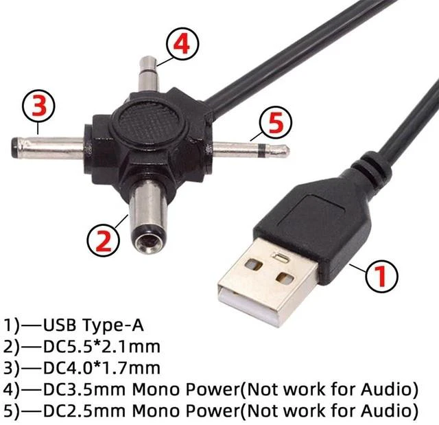 Alt view image 6 of 7 - 2.0 Type-A Male to 4-in-1 DC 5V 5.5x2.1mm 4.0x1.7mm Mono 3.5mm 2.5mm Power Plug Barrel Connector Charge Cable