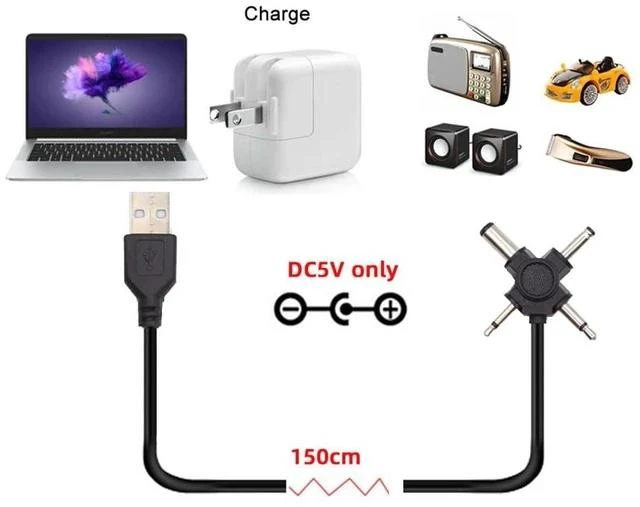 Alt view image 7 of 7 - 2.0 Type-A Male to 4-in-1 DC 5V 5.5x2.1mm 4.0x1.7mm Mono 3.5mm 2.5mm Power Plug Barrel Connector Charge Cable