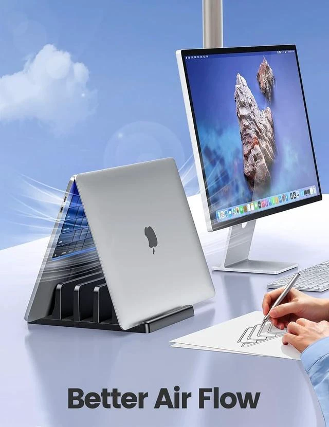 Alt view image 3 of 7 - 3-Slot Vertical Laptop Stand Organizer Laptop Storage Holder Made of Premium ABS Plastics 5 in 1 Design Desktop Space-Saving Adjustable Desk Organizer for All MacBook/Chromebook/Surface