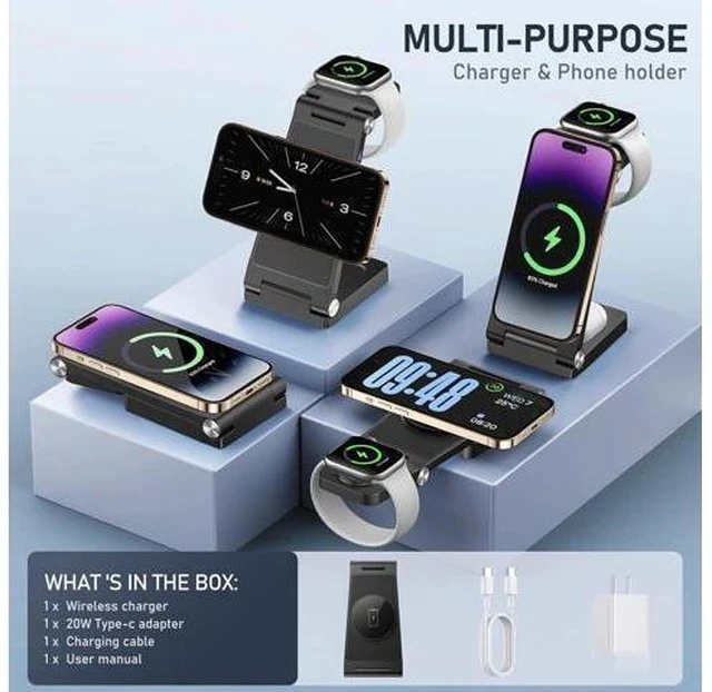 Alt view image 2 of 6 - Magnetic Wireless Charger Stand, 3 in 1 Foldable Wireless Charging Station, Travel Charger for Multiple Devices for iPhone 16 15 14 13 12 Series, Apple Watch Ultra/9/8/7/6/5/4/3/2, AirPods