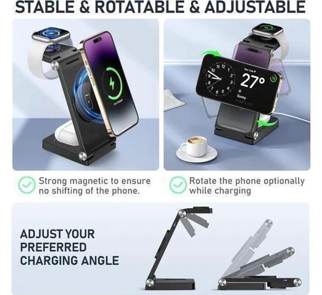Alt view image 4 of 6 - Magnetic Wireless Charger Stand, 3 in 1 Foldable Wireless Charging Station, Travel Charger for Multiple Devices for iPhone 16 15 14 13 12 Series, Apple Watch Ultra/9/8/7/6/5/4/3/2, AirPods