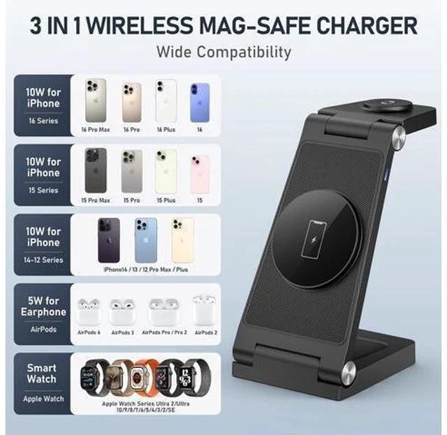 Alt view image 5 of 6 - Magnetic Wireless Charger Stand, 3 in 1 Foldable Wireless Charging Station, Travel Charger for Multiple Devices for iPhone 16 15 14 13 12 Series, Apple Watch Ultra/9/8/7/6/5/4/3/2, AirPods
