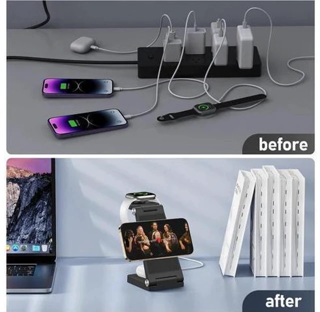 Alt view image 6 of 6 - Magnetic Wireless Charger Stand, 3 in 1 Foldable Wireless Charging Station, Travel Charger for Multiple Devices for iPhone 16 15 14 13 12 Series, Apple Watch Ultra/9/8/7/6/5/4/3/2, AirPods