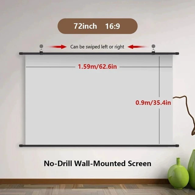 Alt view image 2 of 7 - Wall Mounted Projector Screen 50" 60" 72" Projector Screen Manual Pull Down 4K HD Indoor Outdoor Movie Screen for Home Cinema Office Game(16:9,72in)