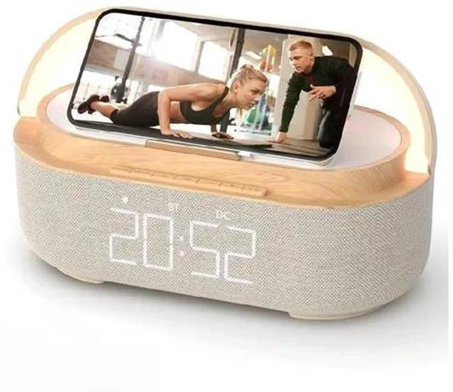 Main image of Bluetooth Speaker with Wireless Charger, FM Radio, Adjustable LED Night Light, Dual Wireless Speakers, Suitable for Home Decoration, Bedroom, Office, Gift(Wooden)