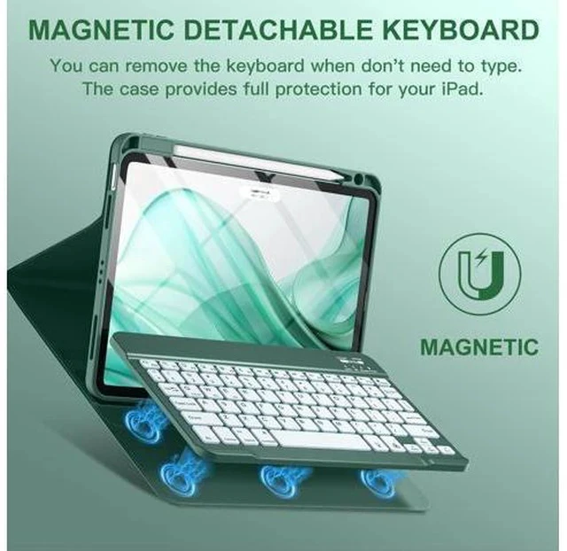 Alt view image 4 of 5 - Harvopu Compatible for iPad Air 11-inch M2/ 10.9 Inch Air 5th 4th Generation Case with Keyboard - Backlit Detachable, Folio Cover with Pencil Holder for iPad Air 11 2024/ Air 5/ Air 4 (Pine Green)