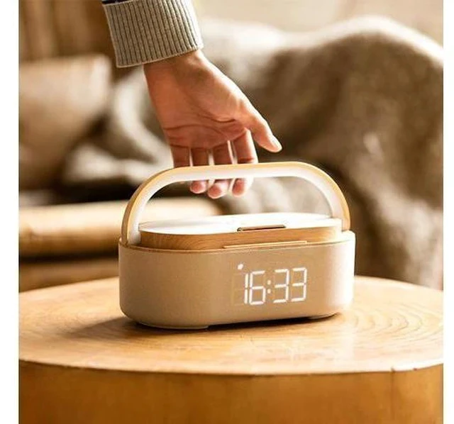Alt view image 6 of 7 - Bluetooth Speaker with Wireless Charger, FM Radio, Adjustable LED Night Light, Dual Wireless Speakers, Suitable for Home Decoration, Bedroom, Office, Gift(Wooden)