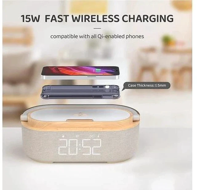 Alt view image 4 of 7 - Bluetooth Speaker with Wireless Charger, FM Radio, Adjustable LED Night Light, Dual Wireless Speakers, Suitable for Home Decoration, Bedroom, Office, Gift(Wooden)