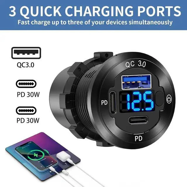 Alt view image 2 of 7 - 2 PACK 12V USB Car Socket Round USB C 12V Outlet 3-Port Marine Fast Charger Waterproof Cigarette Outlet Replacement Aluminum with Switch and Voltmeter Suitable for Boat Golf Cart RV Motorcycle