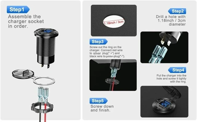 Alt view image 7 of 7 - 2 PACK 12V USB Car Socket Round USB C 12V Outlet 3-Port Marine Fast Charger Waterproof Cigarette Outlet Replacement Aluminum with Switch and Voltmeter Suitable for Boat Golf Cart RV Motorcycle
