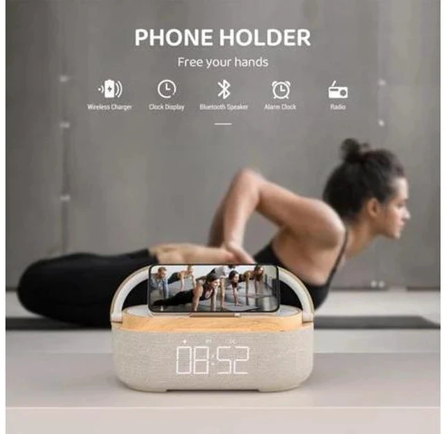 Alt view image 5 of 7 - Bluetooth Speaker with Wireless Charger, FM Radio, Adjustable LED Night Light, Dual Wireless Speakers, Suitable for Home Decoration, Bedroom, Office, Gift(Wooden)