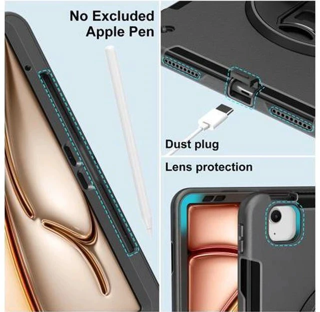 Alt view image 3 of 5 - Miesherk Case for iPad Air 13 Inch 2024, Military Grade Heavy Duty Shockproof iPad Air 6th Generation Case 2024 - Screen Protector, Rotating Stand, Pencil Holder, Hand/Shoulder Strap, Black