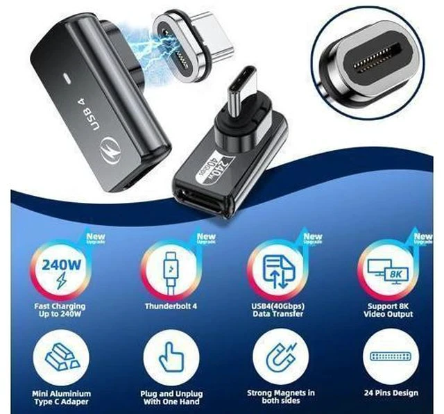 Alt view image 2 of 7 - DuHeSin USB C Magnetic Adapter 240w, (2 Pack) 90 Degree Magnetic USB C Adapter 24 Pin with PD Fast Charging USB4 40Gbps 8K 60Hz for Thunderbolt 3/4, MacBook Pro/Air and More Type C Devices