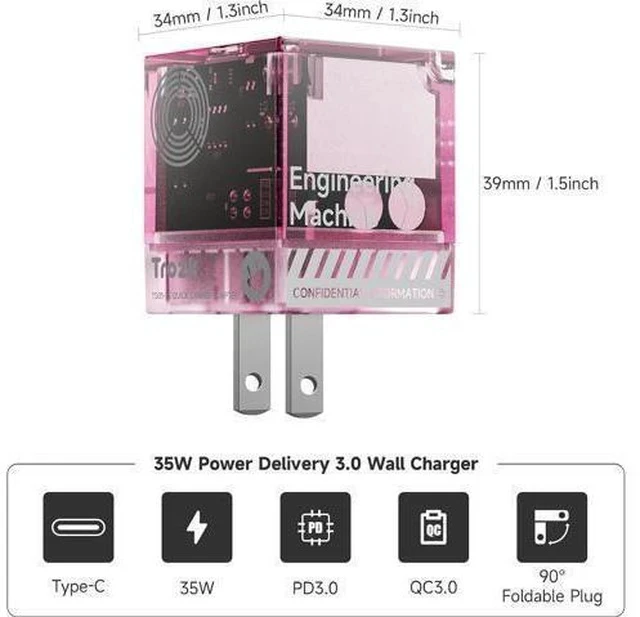 Alt view image 2 of 7 - 35W USB-C Fast Power Adapter - Infinity Stones GaN Charger Plug Block Charging Box Brick, Wall Charger for iPhone 15/15 Plus/15 Pro/15 Pro Max, 14/13/12 Series, Galaxy, Pixel 4/3, iPad (Pink)