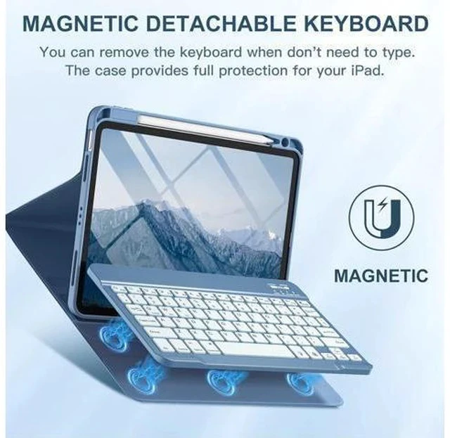 Alt view image 4 of 7 - For iPad Air 11-inch M2/ 10.9 Inch Air 5th 4th Generation Case with Keyboard - Backlit Wireless Detachable, Folio Cover with Pencil Holder for iPad Air 11 2024/ Air 5/ Air 4 (Blue)