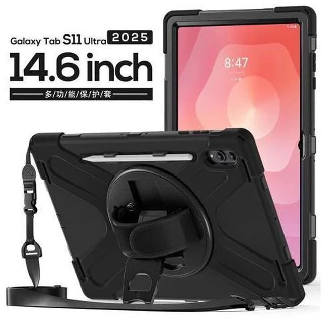 Main image of Shockproof Protective Case for Galaxy Tab S11 Ultra 14.6 inch with Pen Slot,Hand Strap & Kickstand | Shoulder Strap | Black Rugged Cover | Hard Shell Design | Model# S11 Ultra