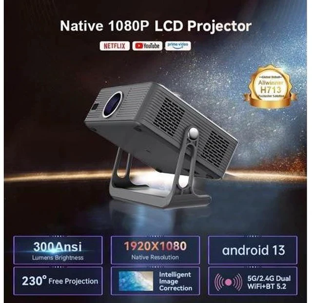 Alt view image 2 of 7 - T7 Native 1080P Android 13 Smart Projector with Auto Focus & Keystone, 300 ANSI Lumens, WiFi 6, BT 5.2, Netflix/YouTube/Prime Video Supported, Home Theater Projector for Indoor Entertainment