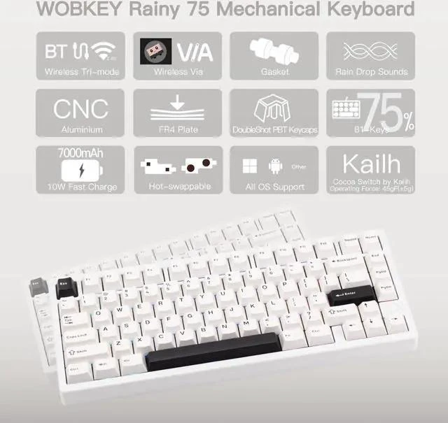 Alt view image 2 of 7 - KEEBMONKEY WOBKEY Rainy 75 CNC Aluminum HMX/JWK/Cocoa Switches Triple-Mode Connectivity Mechanical Keyboard with Superior Acoustics, RGB/FR4/Silver SUS304/7000mAh/Cocoa Switch (Pro - Luna)