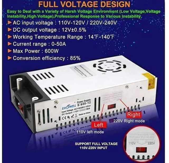 Alt view image 3 of 7 - New Version AC to DC Converter, EAGWELL SMPS 110V AC to 12V DC Converter Power Supply Adjustable Switch Power Supply Transformer Max 50A 600W