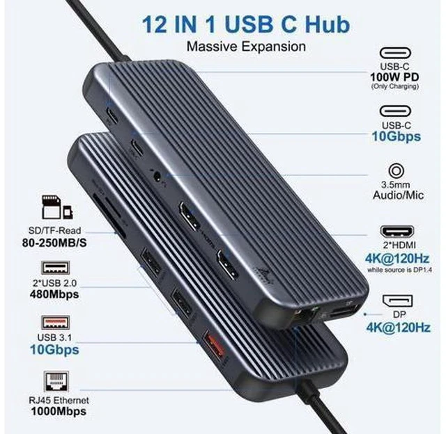 Alt view image 2 of 7 - Dual HDMI Docking Station USB C to 2 Monitor 4@60Hz, LIONWEI USB C Hub with 4K@120Hz HDMI, DP, 10Gbps USB C & USB A 3.1, 1000Mbps RJ45, SD/TF, USB C Dock for Type C Laptop
