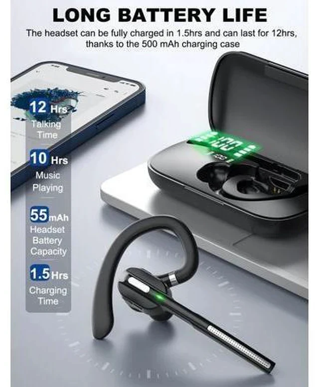 Alt view image 2 of 7 - DECHOYECHO Bluetooth Headset V5.1, Wireless Headset with Battery Display Charging Case, Bluetooth Earpiece with Noise Canceling Mic for Driving, Office, Business, Compatible with Cell Phone and PC
