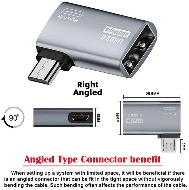 Alt view image 6 of 7 - USB 2.0 to Type-A Female OTG Host Adapter 90 Degree Right Angled with USB Power for Phone Tablet