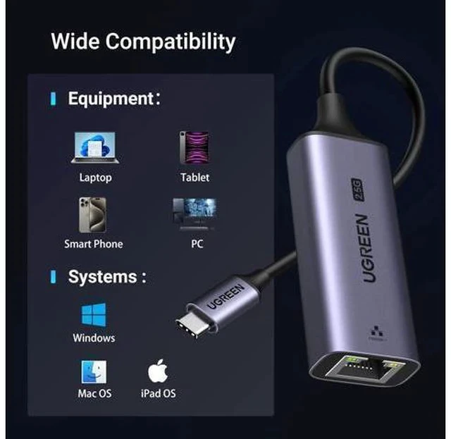 Alt view image 6 of 7 - UGREEN USB C to Ethernet Adapter 2.5G, Ethernet Adapter for Laptop, Aluminum, Type C (Thunderbolt 4/3 Compatible) to RJ45 Network Internet, Compatible for NAS, MacBook Air/Pro, XPS, iPhone 15 Pro/Max