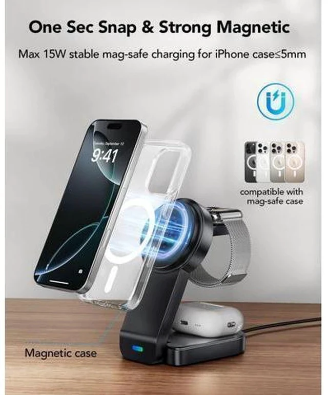 Alt view image 4 of 7 - 3 in 1 Wireless Charging Station Compatible with Apple,Foldable Magnetic Wireless Charger for iPhone 16/15/14/13/12,Apple Watch Series 10/Ultra 2/Ultra/9/8/7/6/5/4/SE/SE 2,Air-Pods 4/3/Pro/2(Black)