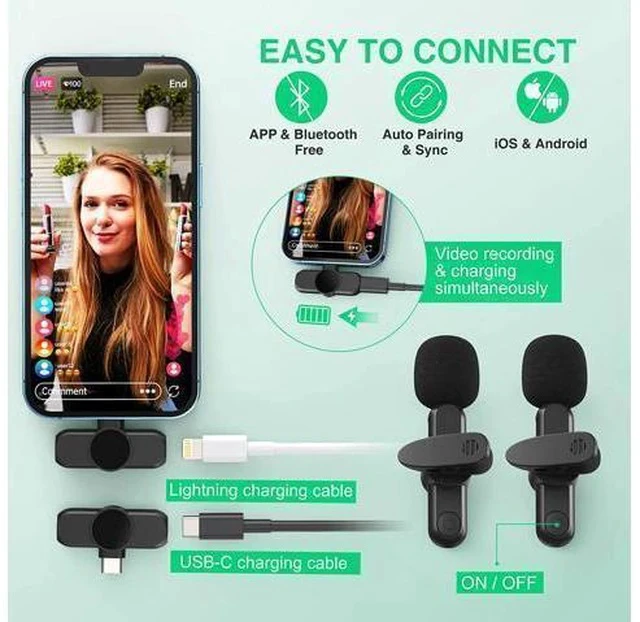 Alt view image 3 of 7 - Wireless Lavalier Microphone for iPhone/ipad/Android,Wireless Lapel clip on microphone(2 Microphones with 2 Receivers) Plug-Play Auto-Sync for Facebook,YouTube,Video/Vlog Recording,Live stream,TikTok