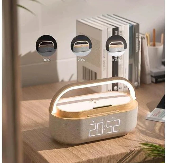 Alt view image 2 of 7 - Bluetooth Speaker with Wireless Charger, FM Radio, Adjustable LED Night Light, Dual Wireless Speakers, Suitable for Home Decoration, Bedroom, Office, Gift(Wooden)