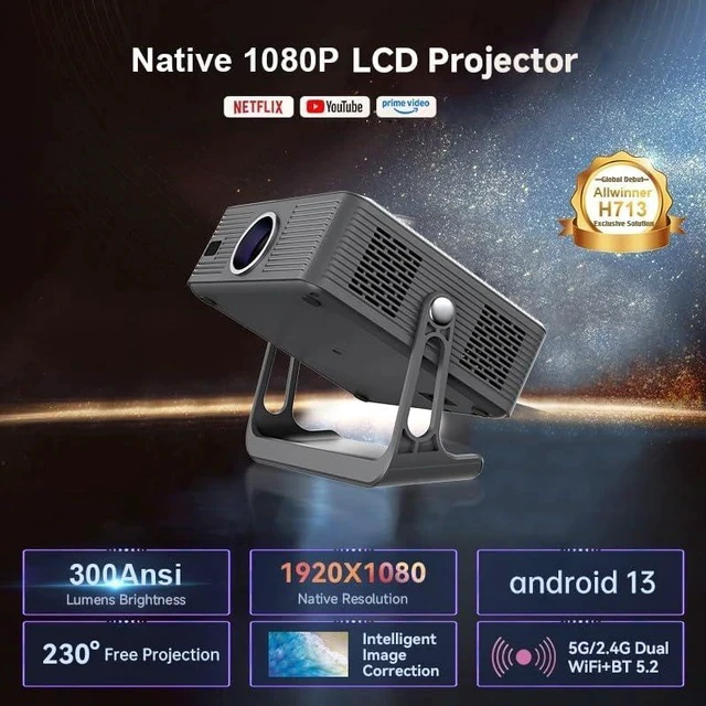 Alt view image 2 of 7 - T7 Native 1080P Android 13 Smart Projector with Auto Focus & Keystone, 300 ANSI Lumens, WiFi 6, BT 5.2, Netflix/YouTube/Prime Video Supported, Home Theater Projector for Indoor Entertainment
