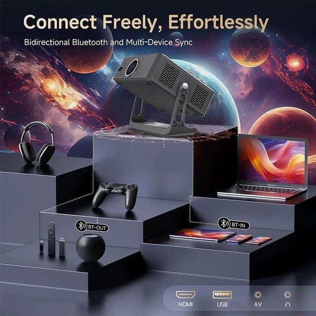 Alt view image 6 of 7 - T7 Native 1080P Android 13 Smart Projector with Auto Focus & Keystone, 300 ANSI Lumens, WiFi 6, BT 5.2, Netflix/YouTube/Prime Video Supported, Home Theater Projector for Indoor Entertainment