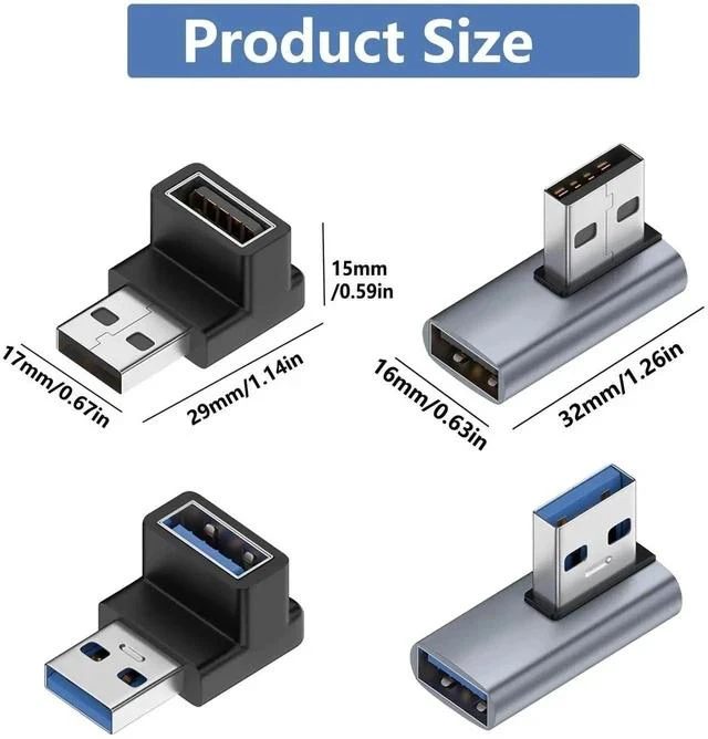 Alt view image 6 of 6 - 90 Degree Right Angle USB 3.0 Type-A Male to Female Adapter, 4 Directions Left/Right/Up/Down Elbow USB Extender Connector for PC, Laptops, USB Chargers & All USB-A Devices