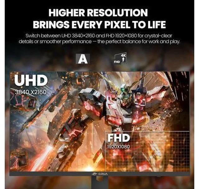Alt view image 3 of 5 - CRUA 27 4K Gaming Monitor, UHD 3840x2160 160Hz IPS Screen, Height/Pivot/Swivel/Tilt Adjustable Vertical Monitor, Support AMD FreeSync, Built-in Speakers, 120% sRGB, PIP/PBP, HDMI 2.1 & DP 1.4-Black