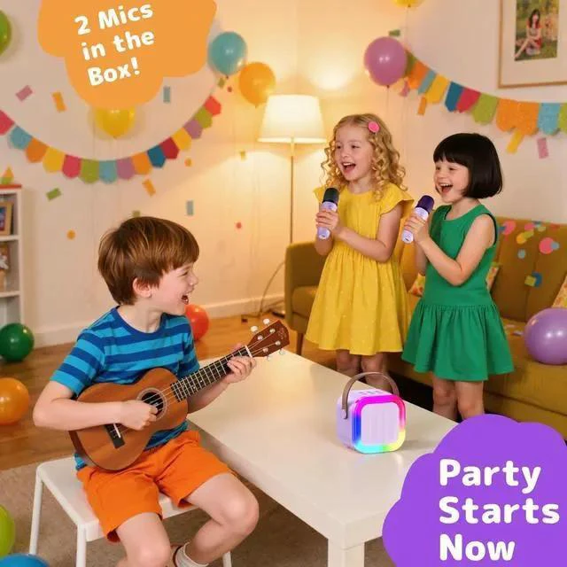 Alt view image 3 of 7 - Karaoke Machine for Kids Adults, Mini Karaoke Machine with 2 Wireless Microphones, Portable Bluetooth Speaker with Voice Changing Effects & LED Lights, Best Gifts Toys for Girls and Boys