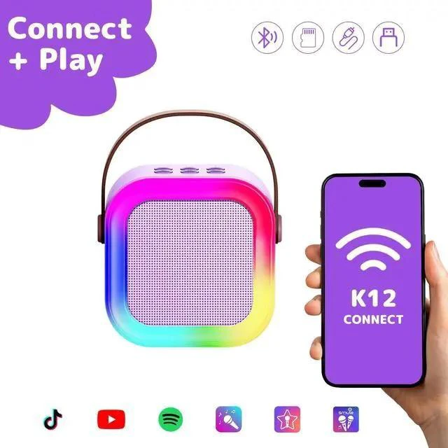 Alt view image 4 of 7 - Karaoke Machine for Kids Adults, Mini Karaoke Machine with 2 Wireless Microphones, Portable Bluetooth Speaker with Voice Changing Effects & LED Lights, Best Gifts Toys for Girls and Boys