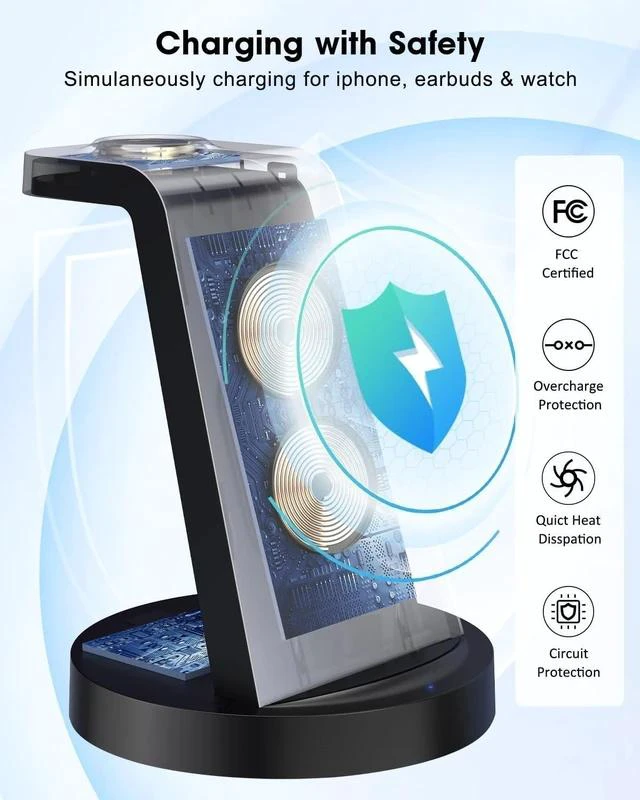 Alt view image 4 of 7 - 3 in 1 Charging Station for Device Wireless Charger for iPhone 16e 16 15 14 13 12 11 Pro Max & Watch iwatch- Charging Stand Dock for AirPods