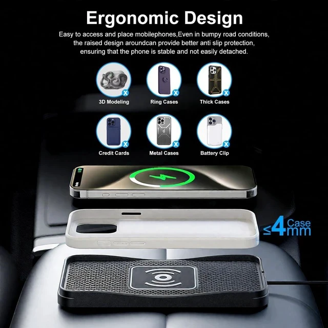 Alt view image 4 of 7 - Wireless Charger for Car 20W Max Fast Car Charging Pad Non-Slip Charger for iPhone 16/15/14/13/12 Galaxy S25-S9 Android Devices (Type C)