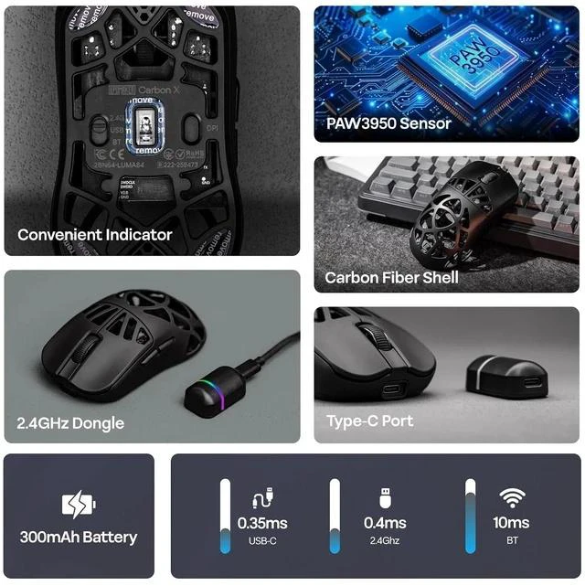 Alt view image 3 of 7 - Carbon X Wireless Gaming Mouse, 400 to 30,000 DPI Adjustable, PAW3950 Sensor, 50g Lightweight, Carbon Fiber Shell, 2.4G/BT/USB-C Rechargeable Wireless Mouse for PC/Mac/Linux (Classic Black)