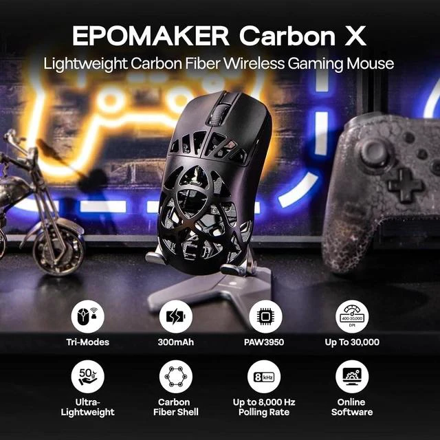 Alt view image 2 of 7 - Carbon X Wireless Gaming Mouse, 400 to 30,000 DPI Adjustable, PAW3950 Sensor, 50g Lightweight, Carbon Fiber Shell, 2.4G/BT/USB-C Rechargeable Wireless Mouse for PC/Mac/Linux (Classic Black)