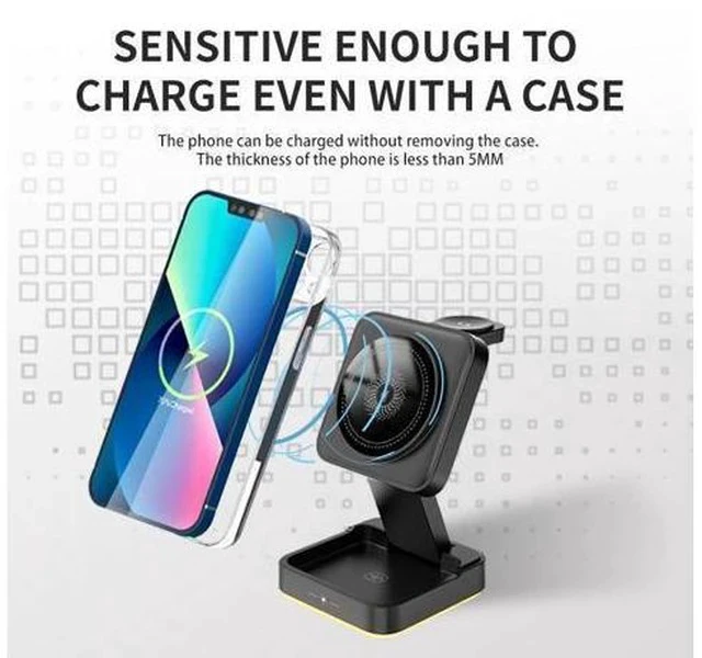 Alt view image 4 of 7 - 3 in 1 Wireless Charger 15W Foldable Wireless Magnetic Charger Station with Night Lamp for Phone Watch and Earphone White