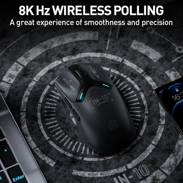 Alt view image 3 of 7 - IN10P Lightweight Wireless Gaming Mouse, Tri-Mode Wireless Mouse with Bluetooth/ 2.4G/ USB-C Wired, 60g Superlight, PAW3395 26K DPI Sensor, 8kHz Polling Rate, Fully Programmable, Black