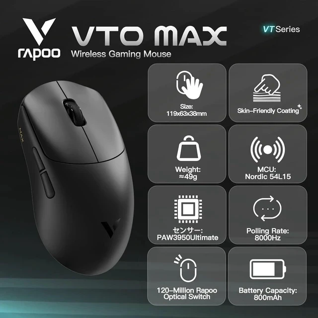 Alt view image 4 of 4 - VT MAX Lightweight Wireless Gaming Mouse, PAW3950 Ultimate Sensor,750H Battery Life, 8K Polling, 45K DPI, Dual-Mode 2.4G/USB-C, Esports Grade Performance Mouse for PC/Mac (VT0 MAX, Black)