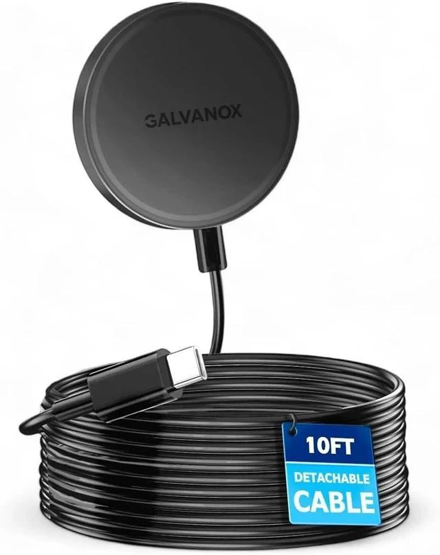 Main image of Galvanox Long Wireless Charger Compatible with MagSafe (10 Foot Cable) Magnetic 15W Fast Charging Pad for iPhone with Flexible Removable Cord (Black)