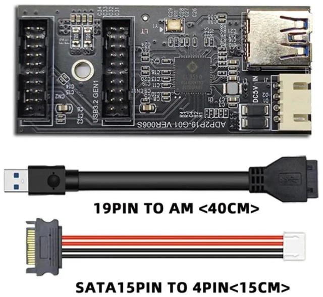 Alt view image 3 of 6 - USB 3.0 19/20Pin 1 to 2 Splitter Hub, Internal Port Multiplier PCBA Adapter with SATA Power Cable for Desktop Motherboard