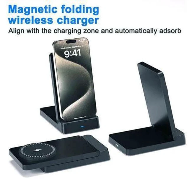 Alt view image 5 of 7 - 2.0 Smart 3-in-1 15W Wireless Charging Stand Automatic Magnetic Charger 9V/2A Type-C Smart Phones Folding Connection White